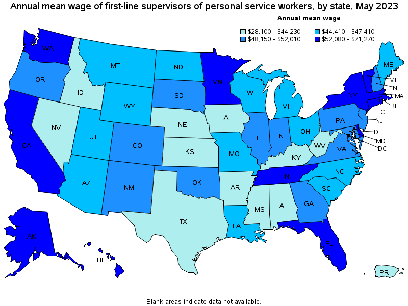 Map of annual mean wages of first-line supervisors of personal service workers by state, May 2022
