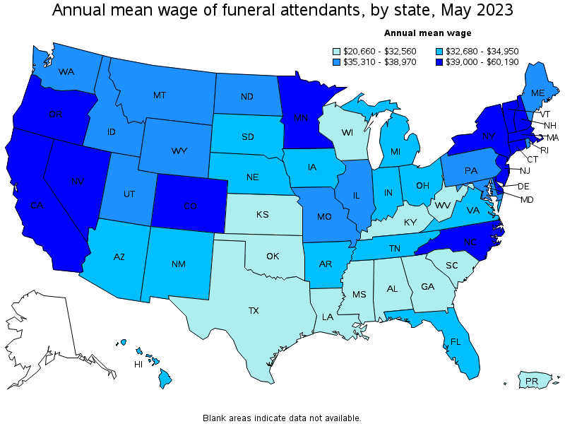 Map of annual mean wages of funeral attendants by state, May 2022
