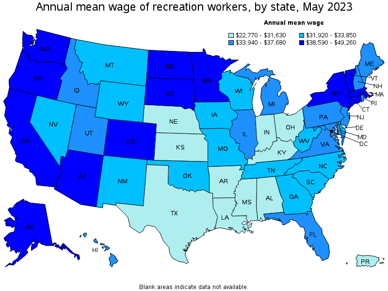 Map of annual mean wages of recreation workers by state, May 2021