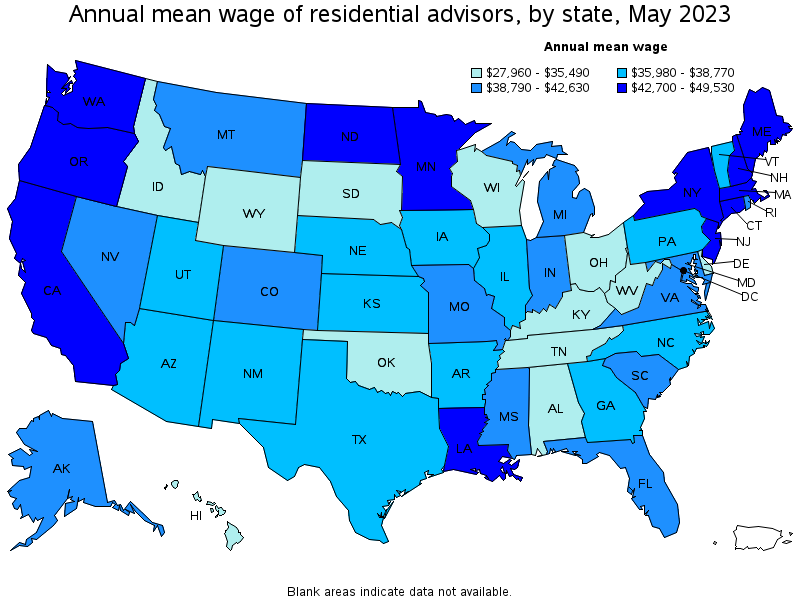 Map of annual mean wages of residential advisors by state, May 2021