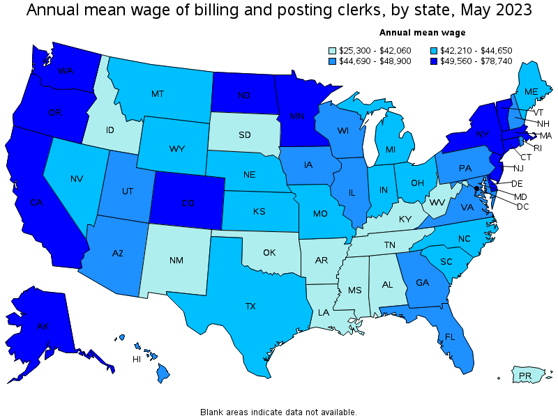 Map of annual mean wages of billing and posting clerks by state, May 2022