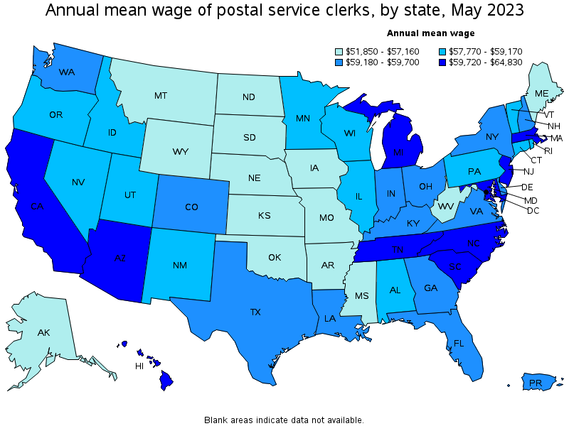 Map of annual mean wages of postal service clerks by state, May 2022