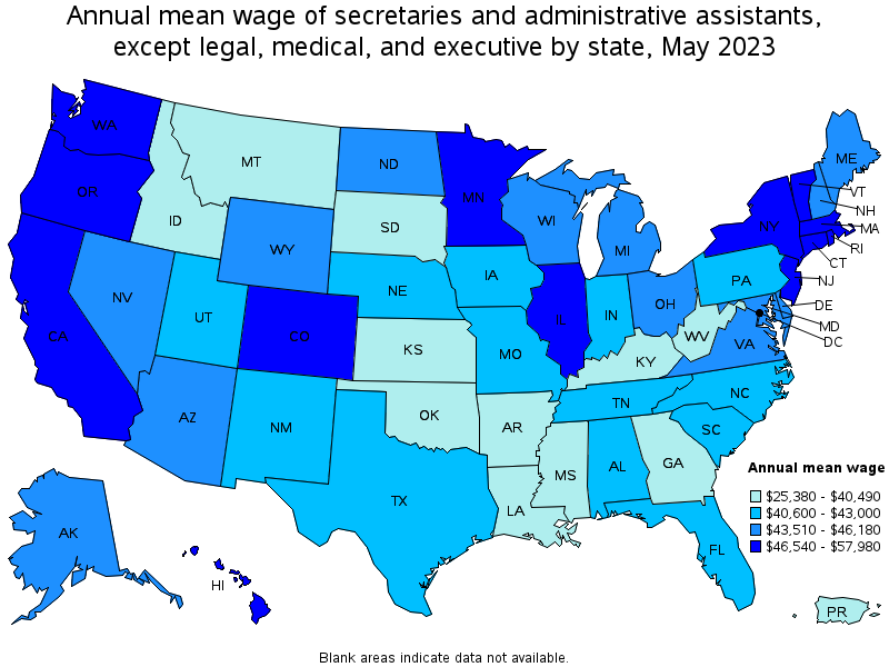Map of annual mean wages of secretaries and administrative assistants, except legal, medical, and executive by state, May 2021