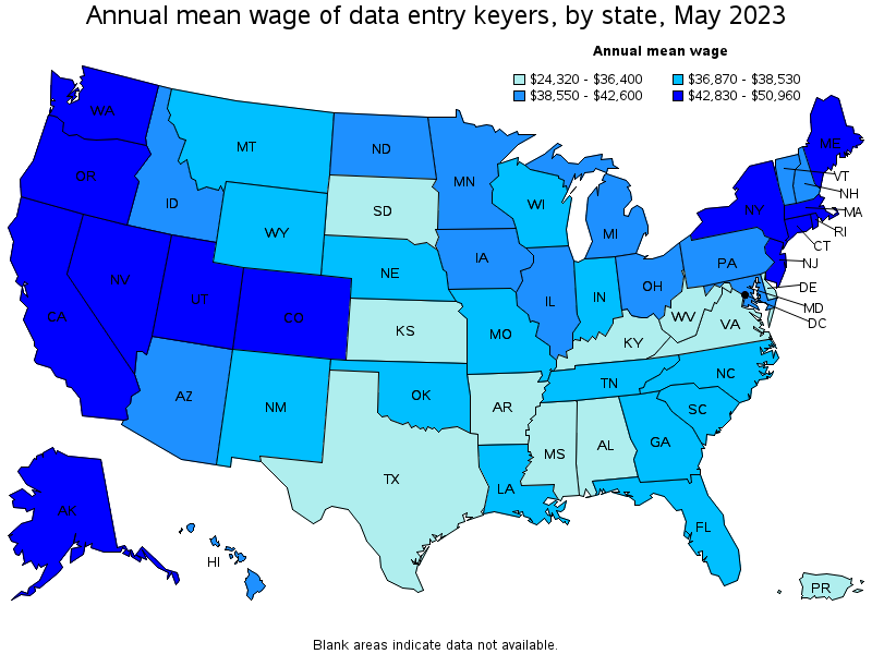 Map of annual mean wages of data entry keyers by state, May 2021