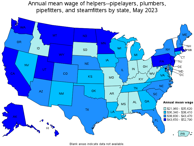 Map of annual mean wages of helpers--pipelayers, plumbers, pipefitters, and steamfitters by state, May 2021