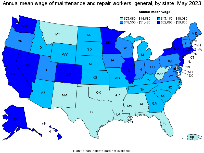 Map of annual mean wages of maintenance and repair workers, general by state, May 2022