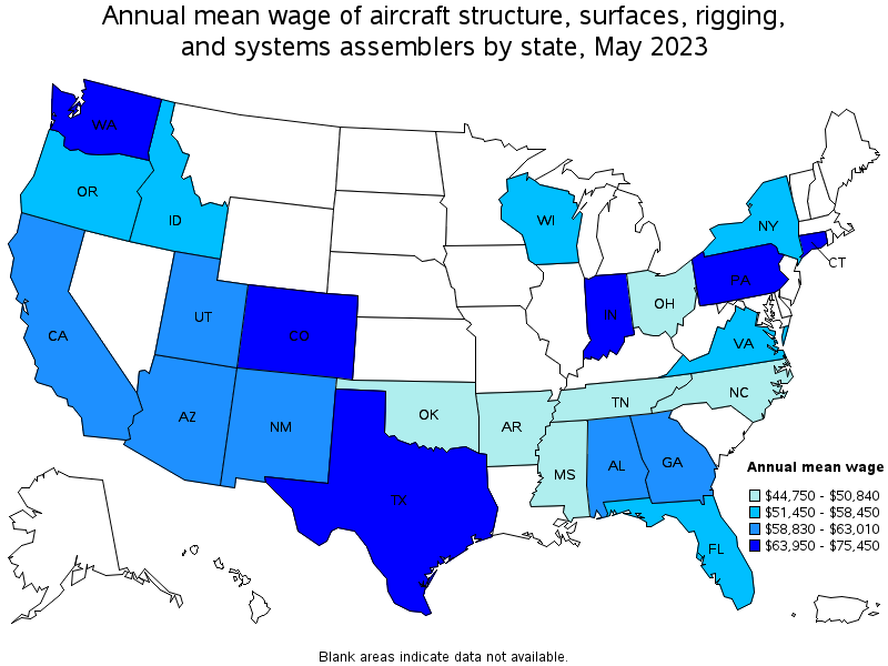 Map of annual mean wages of aircraft structure, surfaces, rigging, and systems assemblers by state, May 2021