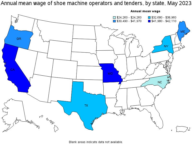 Map of annual mean wages of shoe machine operators and tenders by state, May 2021