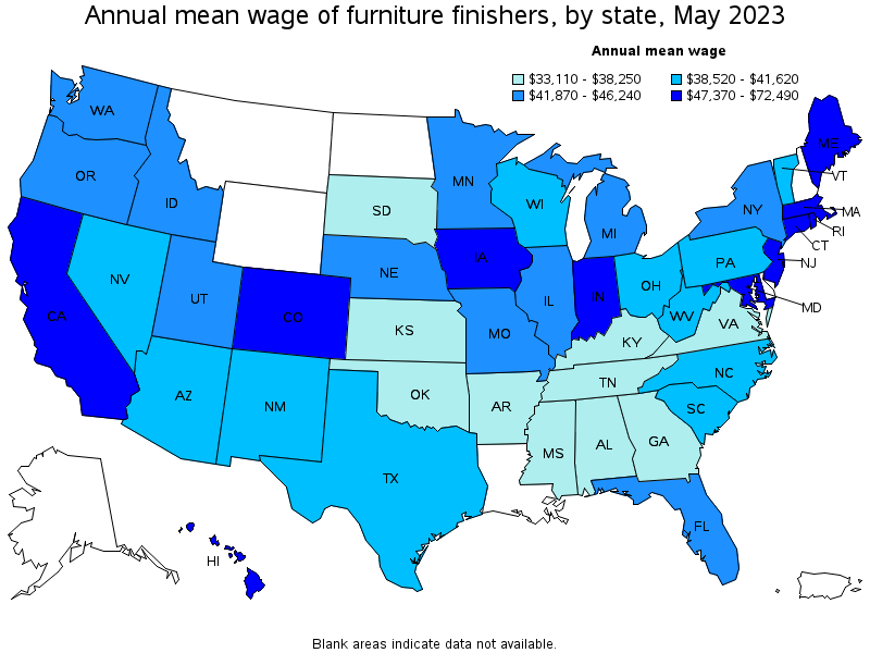 Map of annual mean wages of furniture finishers by state, May 2021