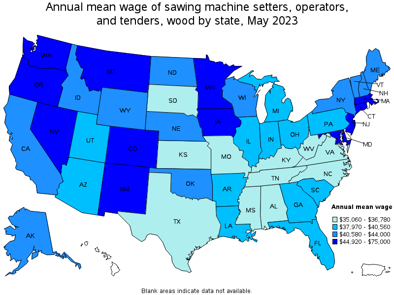 Map of annual mean wages of sawing machine setters, operators, and tenders, wood by state, May 2021