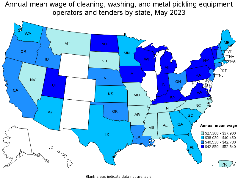 Map of annual mean wages of cleaning, washing, and metal pickling equipment operators and tenders by state, May 2021