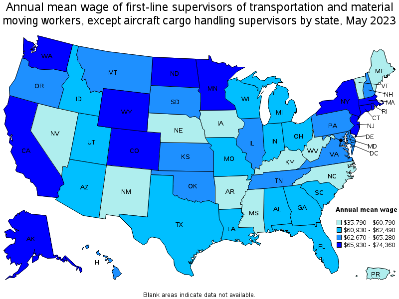 Map of annual mean wages of first-line supervisors of transportation and material moving workers, except aircraft cargo handling supervisors by state, May 2022