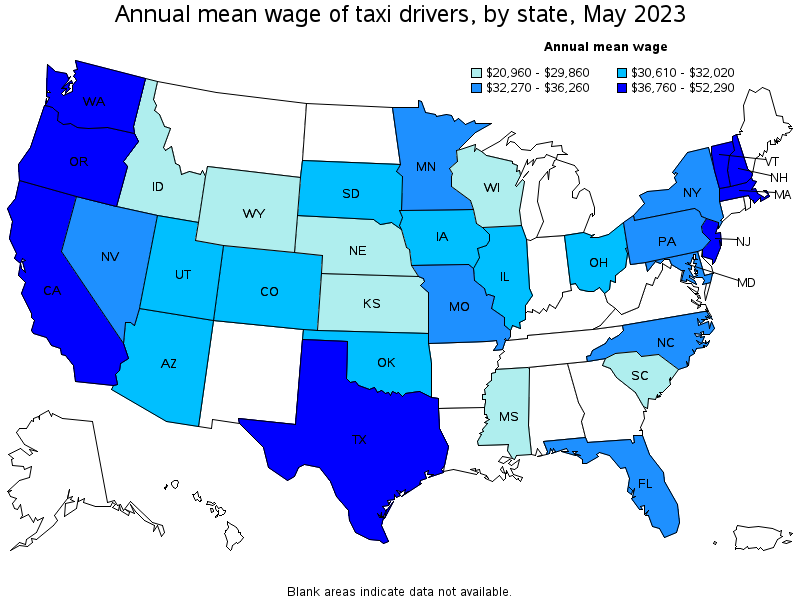 Map of annual mean wages of taxi drivers by state, May 2021