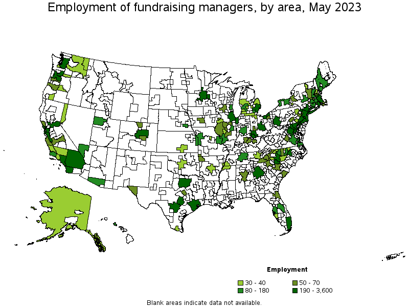 Map of employment of fundraising managers by area, May 2022