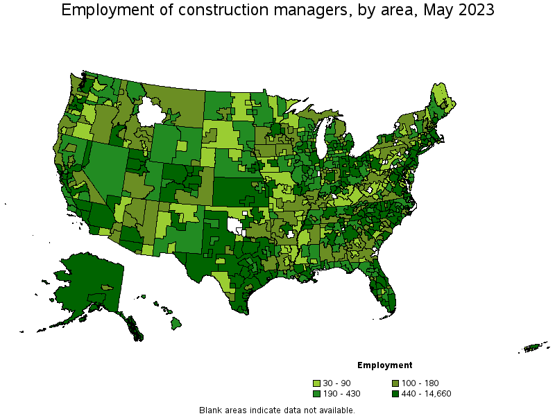 Map of employment of construction managers by area, May 2021