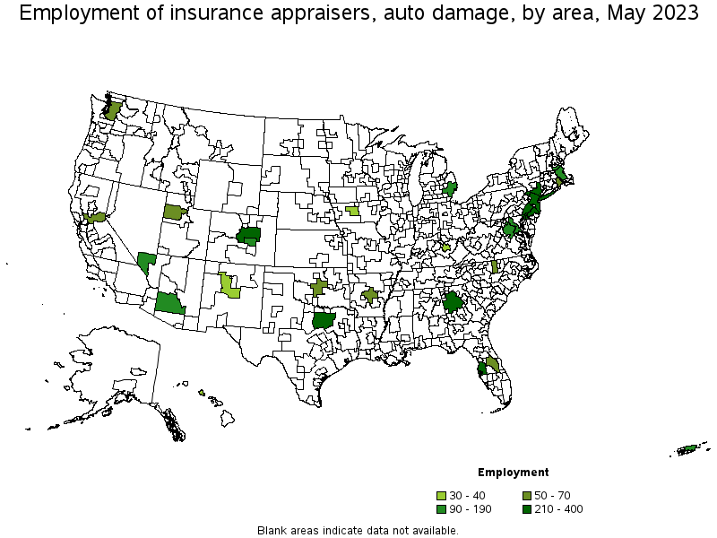 Map of employment of insurance appraisers, auto damage by area, May 2021