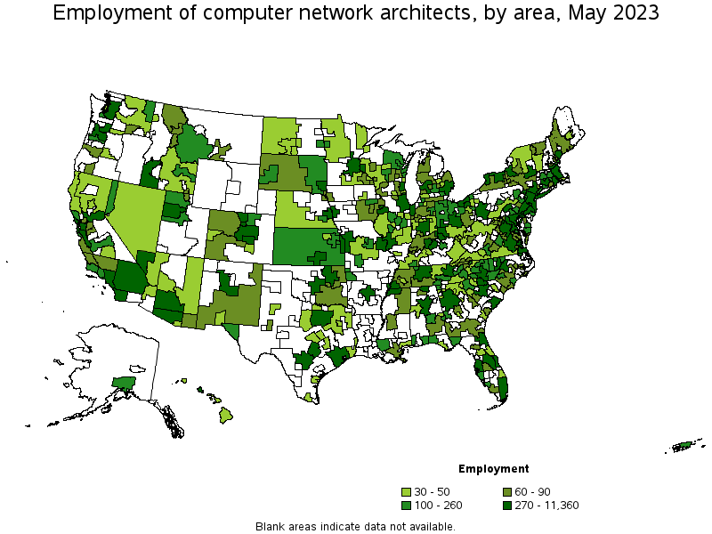 Map of employment of computer network architects by area, May 2022