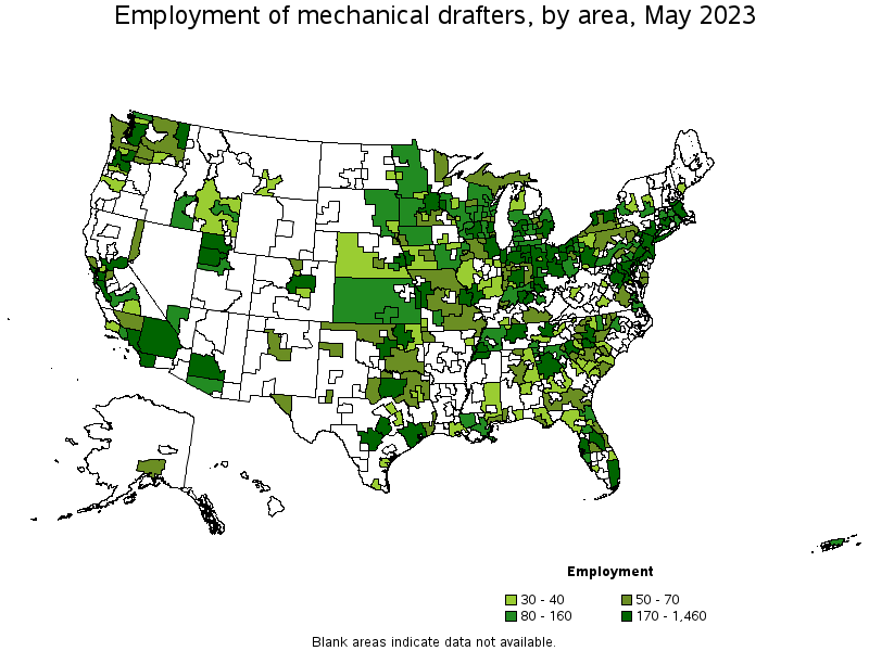 Map of employment of mechanical drafters by area, May 2021