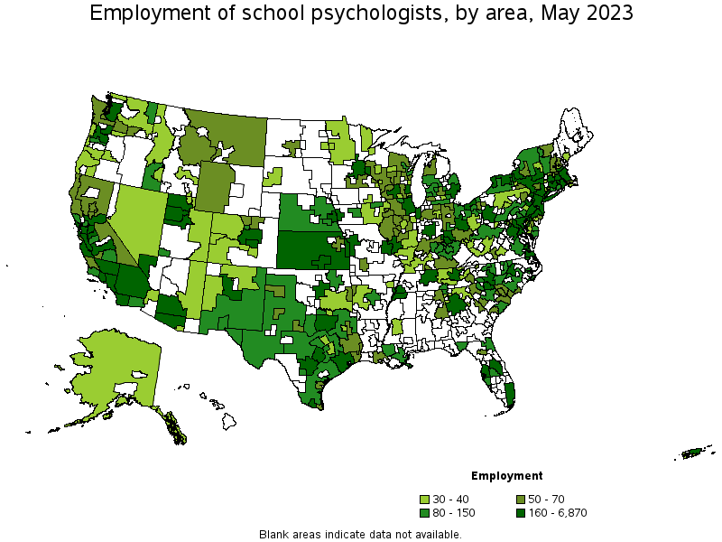 Map of employment of school psychologists by area, May 2022