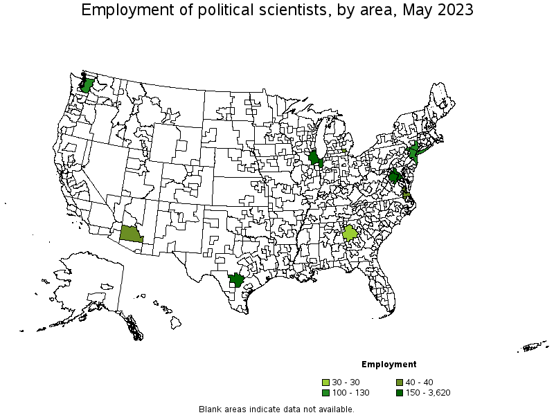 Map of employment of political scientists by area, May 2021