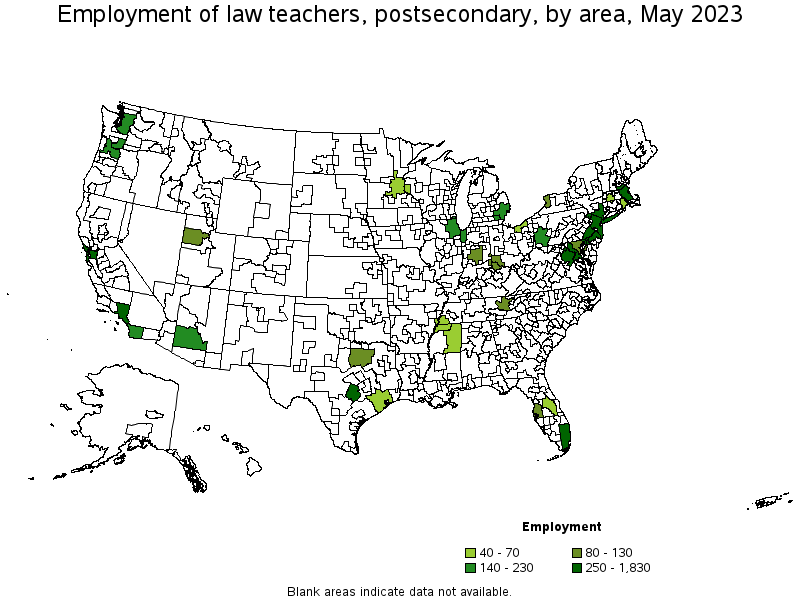 Map of employment of law teachers, postsecondary by area, May 2021