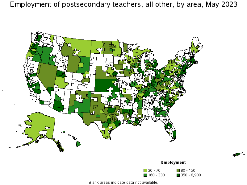 Map of employment of postsecondary teachers, all other by area, May 2022