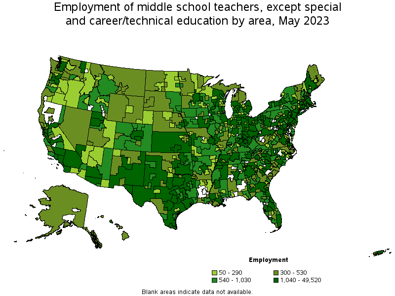 Map of employment of middle school teachers, except special and career/technical education by area, May 2021