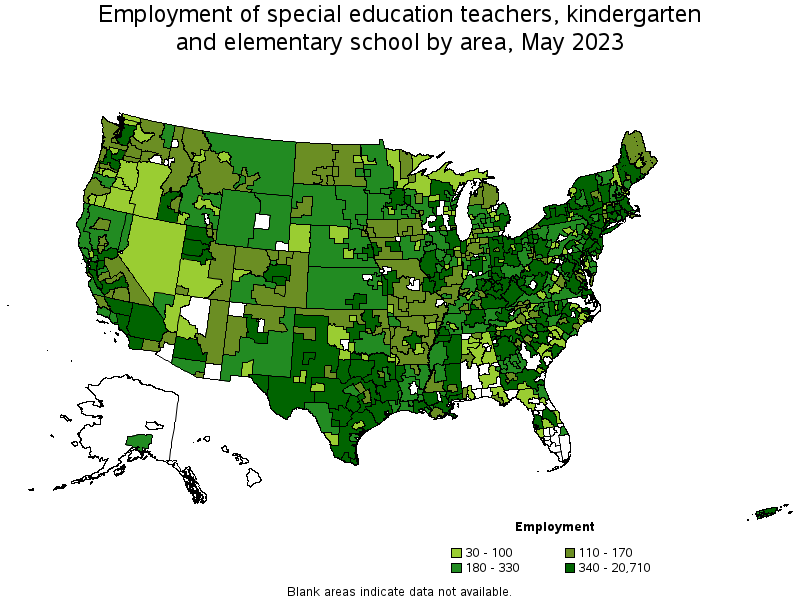 Map of employment of special education teachers, kindergarten and elementary school by area, May 2022