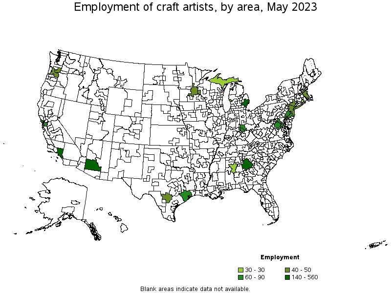 Map of employment of craft artists by area, May 2021