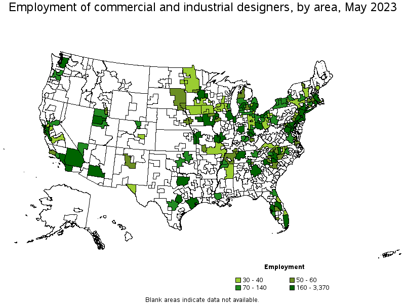 Map of employment of commercial and industrial designers by area, May 2021
