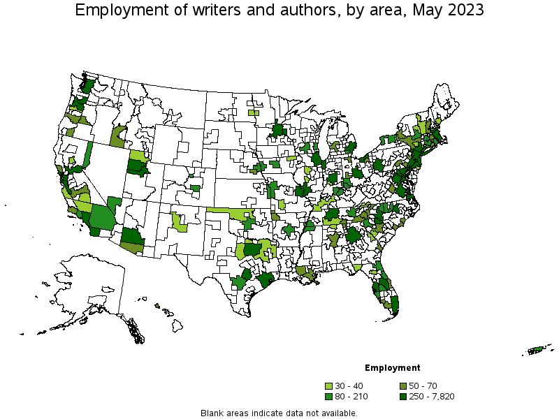 Map of employment of writers and authors by area, May 2021