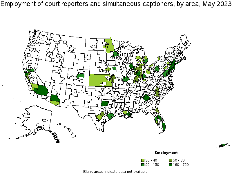 Map of employment of court reporters and simultaneous captioners by area, May 2021