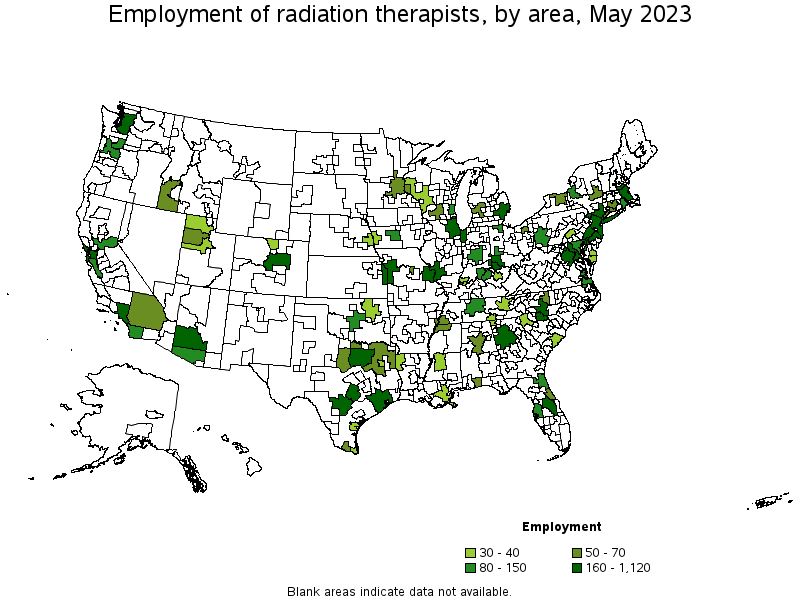 Map of employment of radiation therapists by area, May 2022