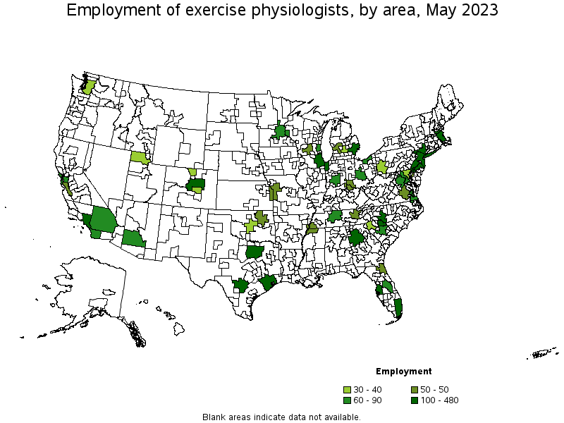 Map of employment of exercise physiologists by area, May 2021