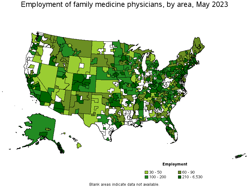 Map of employment of family medicine physicians by area, May 2021