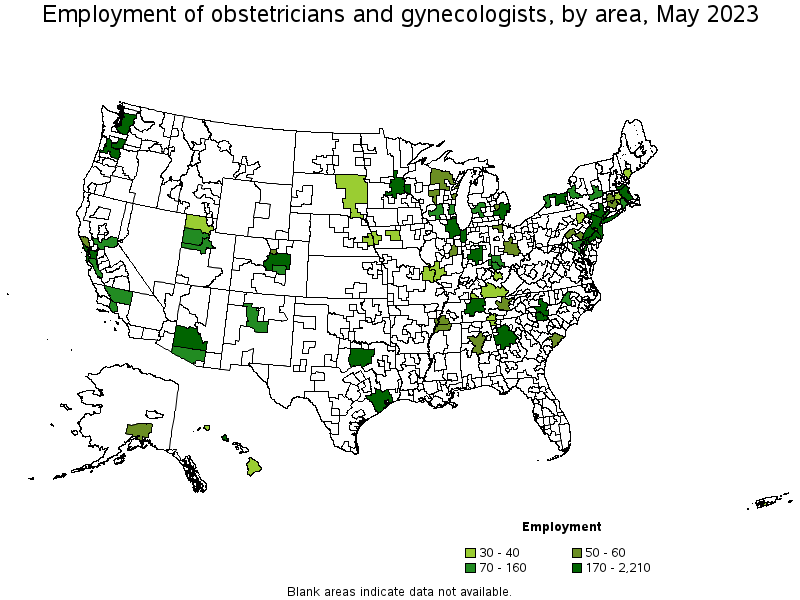 Map of employment of obstetricians and gynecologists by area, May 2022