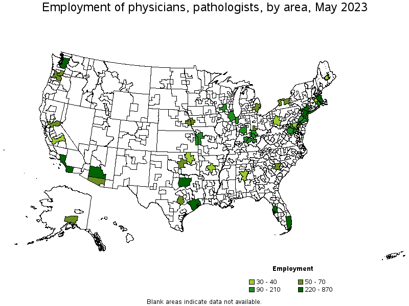 Map of employment of physicians, pathologists by area, May 2022