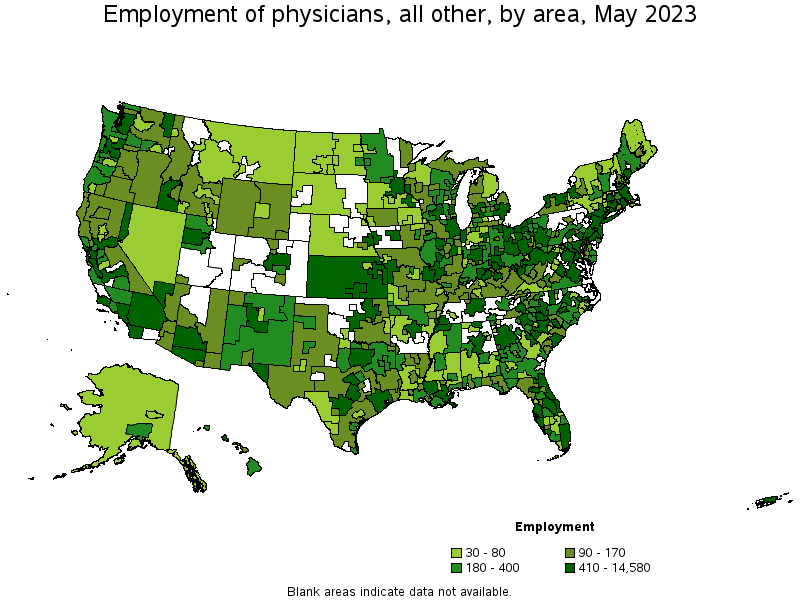 Map of employment of physicians, all other by area, May 2022