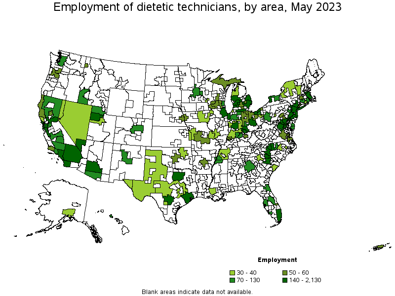 Map of employment of dietetic technicians by area, May 2022