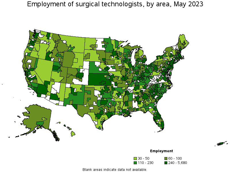Map of employment of surgical technologists by area, May 2022