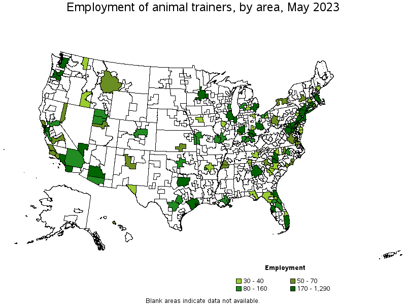 Map of employment of animal trainers by area, May 2022
