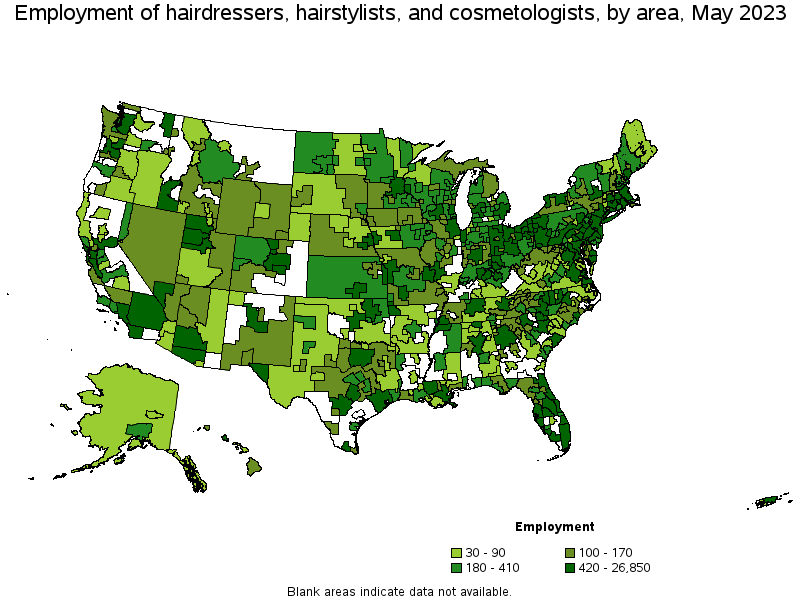 Map of employment of hairdressers, hairstylists, and cosmetologists by area, May 2022