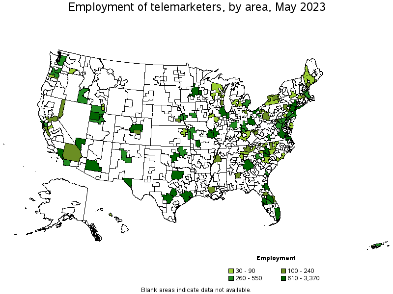 Map of employment of telemarketers by area, May 2022