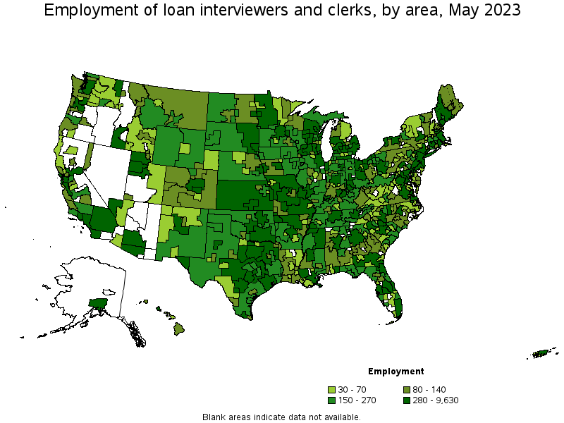 Map of employment of loan interviewers and clerks by area, May 2022