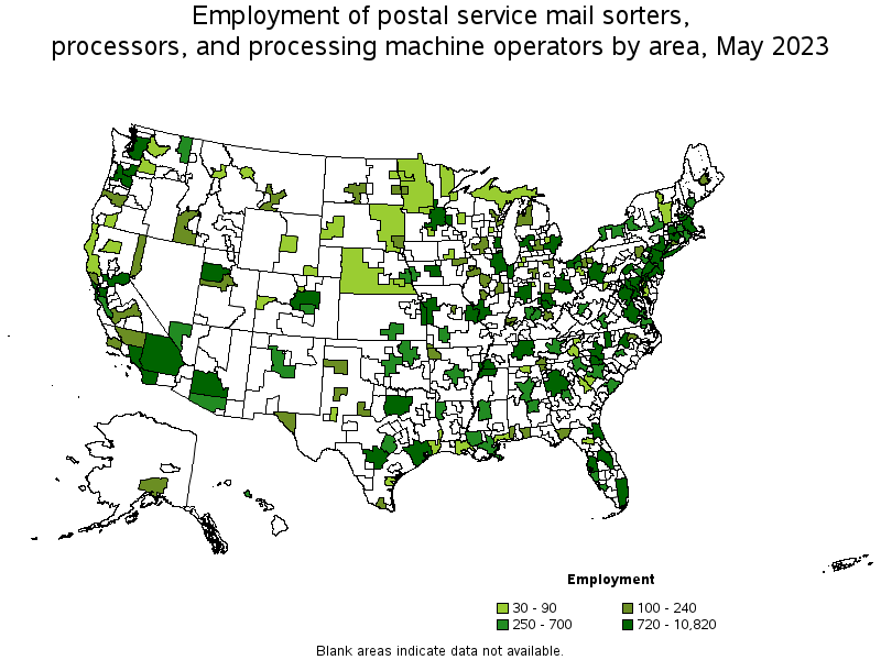 Map of employment of postal service mail sorters, processors, and processing machine operators by area, May 2022