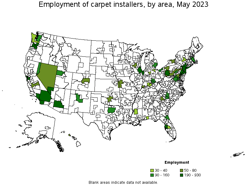 Map of employment of carpet installers by area, May 2021