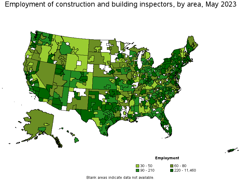 Map of employment of construction and building inspectors by area, May 2021