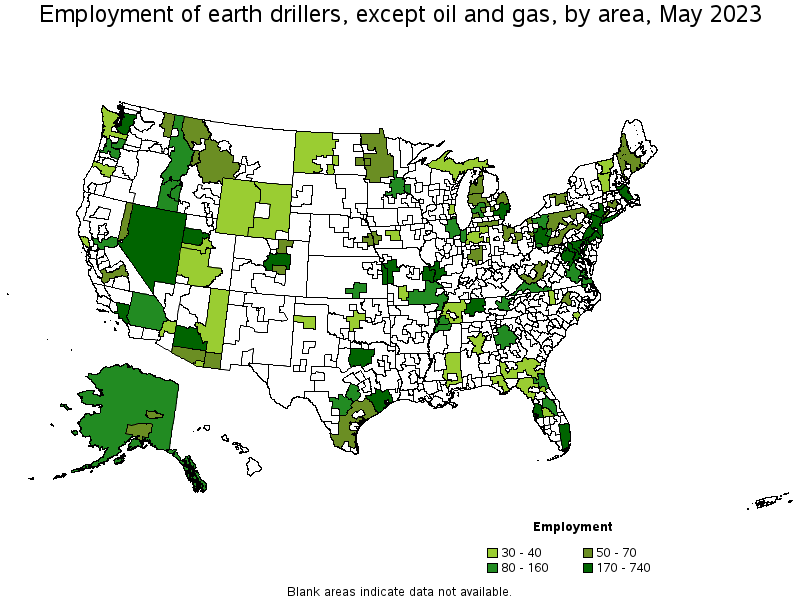 Map of employment of earth drillers, except oil and gas by area, May 2022