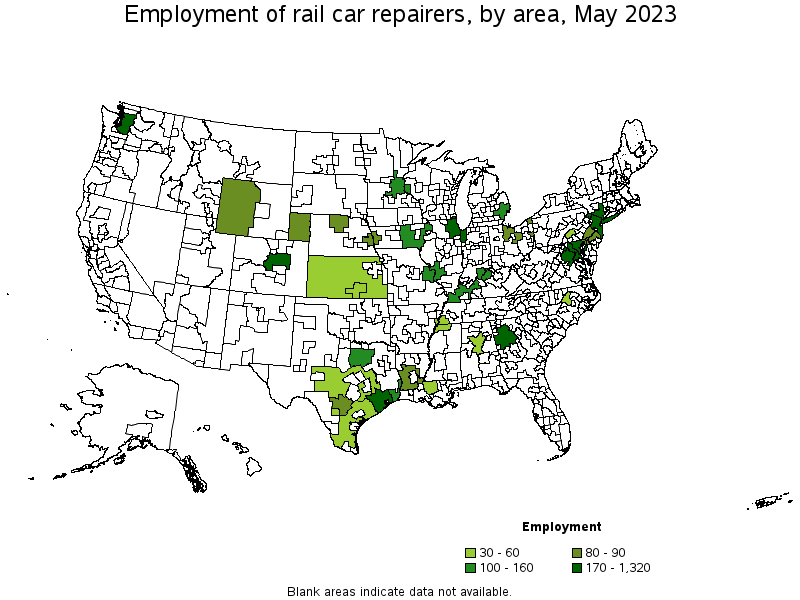 Map of employment of rail car repairers by area, May 2021