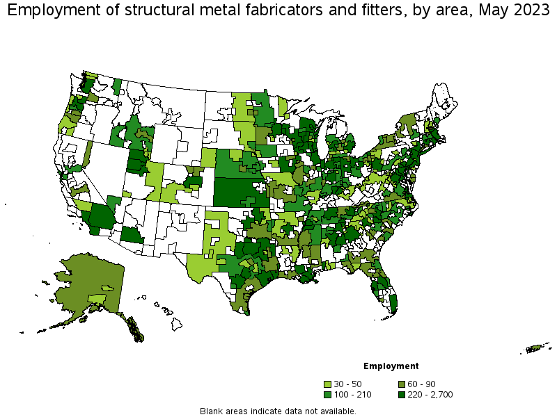 Map of employment of structural metal fabricators and fitters by area, May 2022